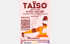 Evenement taïso cardio training samedi 14 février de 10h à 12h , gratuit ouvert à partir de 12 ans